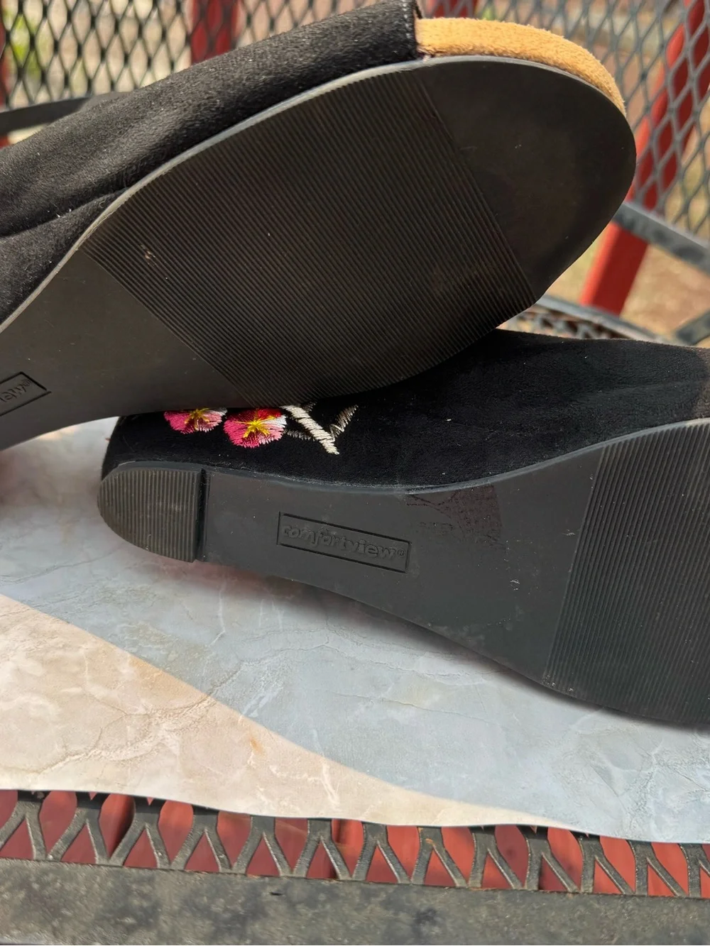 Black Swede  Comfortview , Open-Toe Wedge Sandals with Floral Heel, Size 10 WW.
